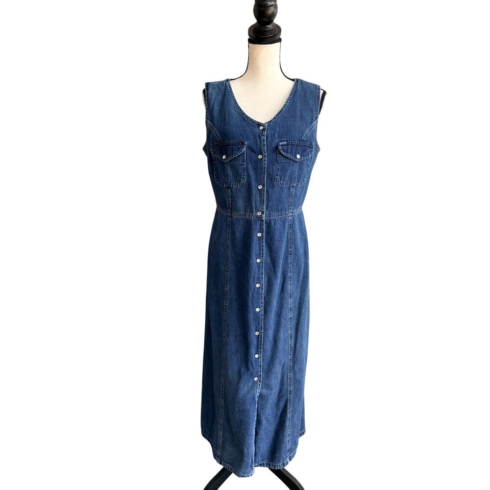 Vintage 90s Guess Denim Dress Button Front Midi Y2K Sleeveless M